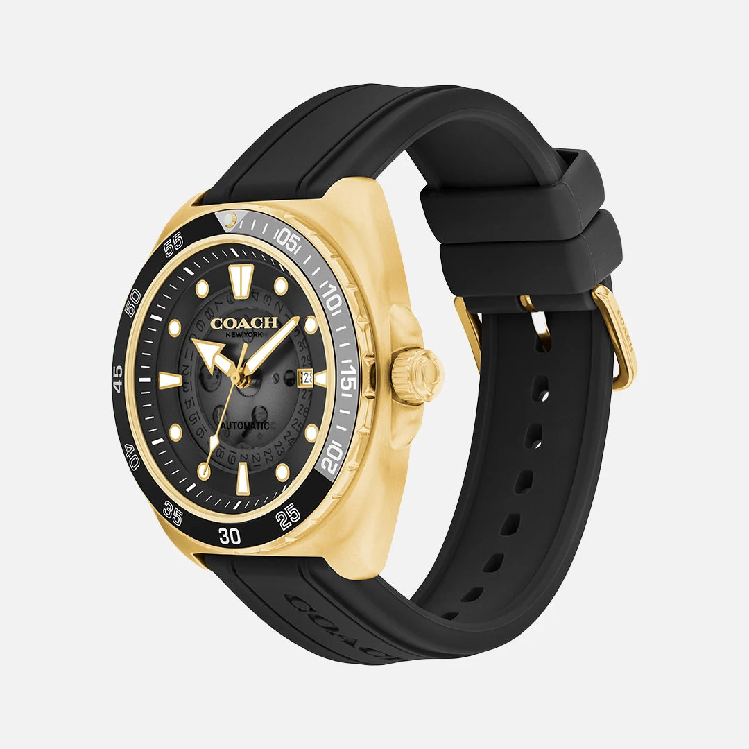 Coach Charter Automatic Gold-Tone IP Black Silicone Strap with Black Dial Men's Watch - 14602718
