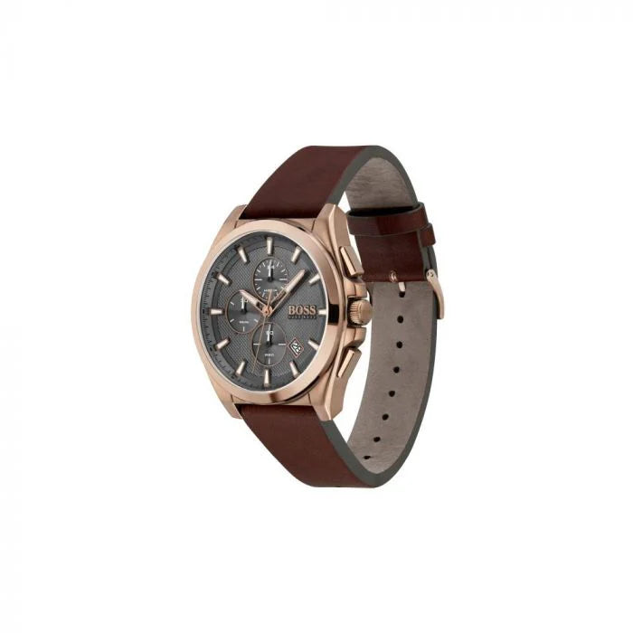 Hugo Boss Grandmaster Grey Brown Leather Strap Men's Chronograph Watch- 1513882