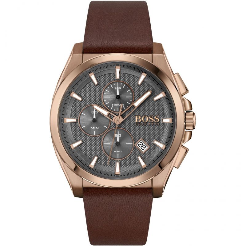 Hugo Boss Grandmaster Grey Brown Leather Strap Men's Chronograph Watch- 1513882