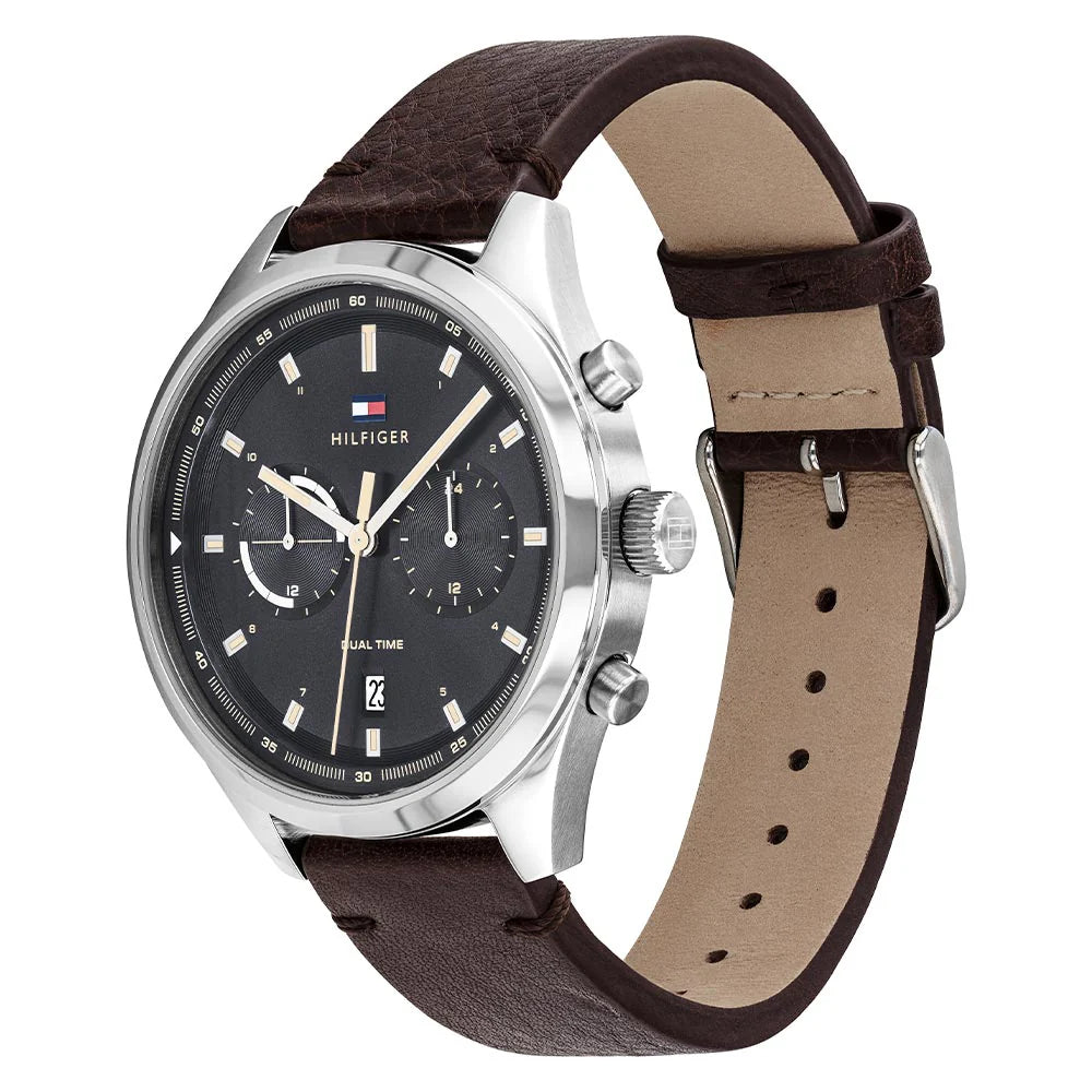 Tommy Hilfiger Leather strap Grey Dial Men's Chronograph Watch- 1791729