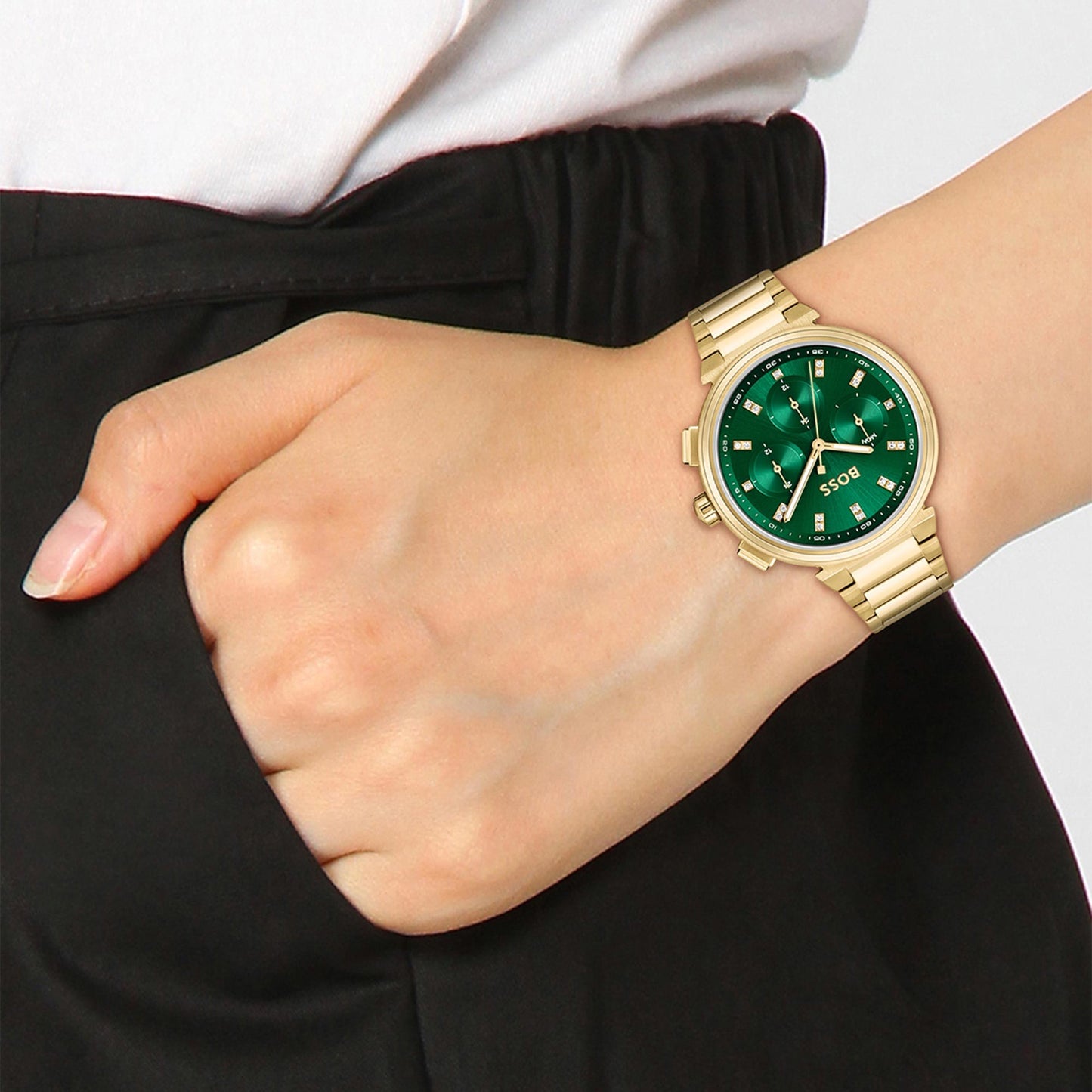 Hugo Boss Gold Green Dial Ladies Chronograph Watch- 1502679