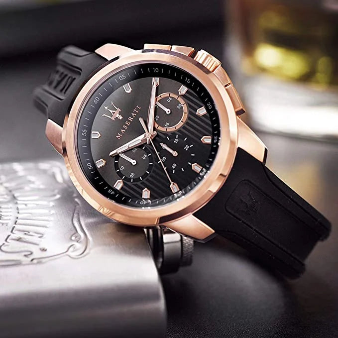 Maserati Sfida Rose Gold Black Silicone Strap Men's Chronograph Watch- R8851123008