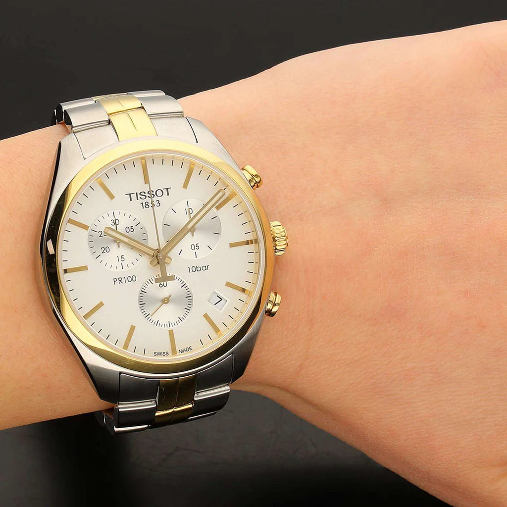 Tissot T Sport PR 100 Chronograph White Dial Two Tone Steel Strap For Men's Watch - T101.417.22.031.00