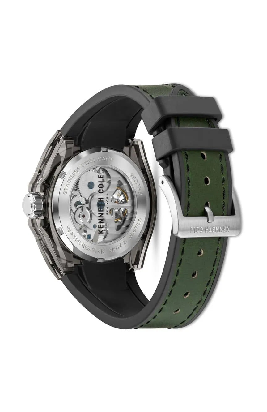 KENNETH COLE Silicon + Leather Strap Black Dial Automatic Men's Watch-KCWGR2136501