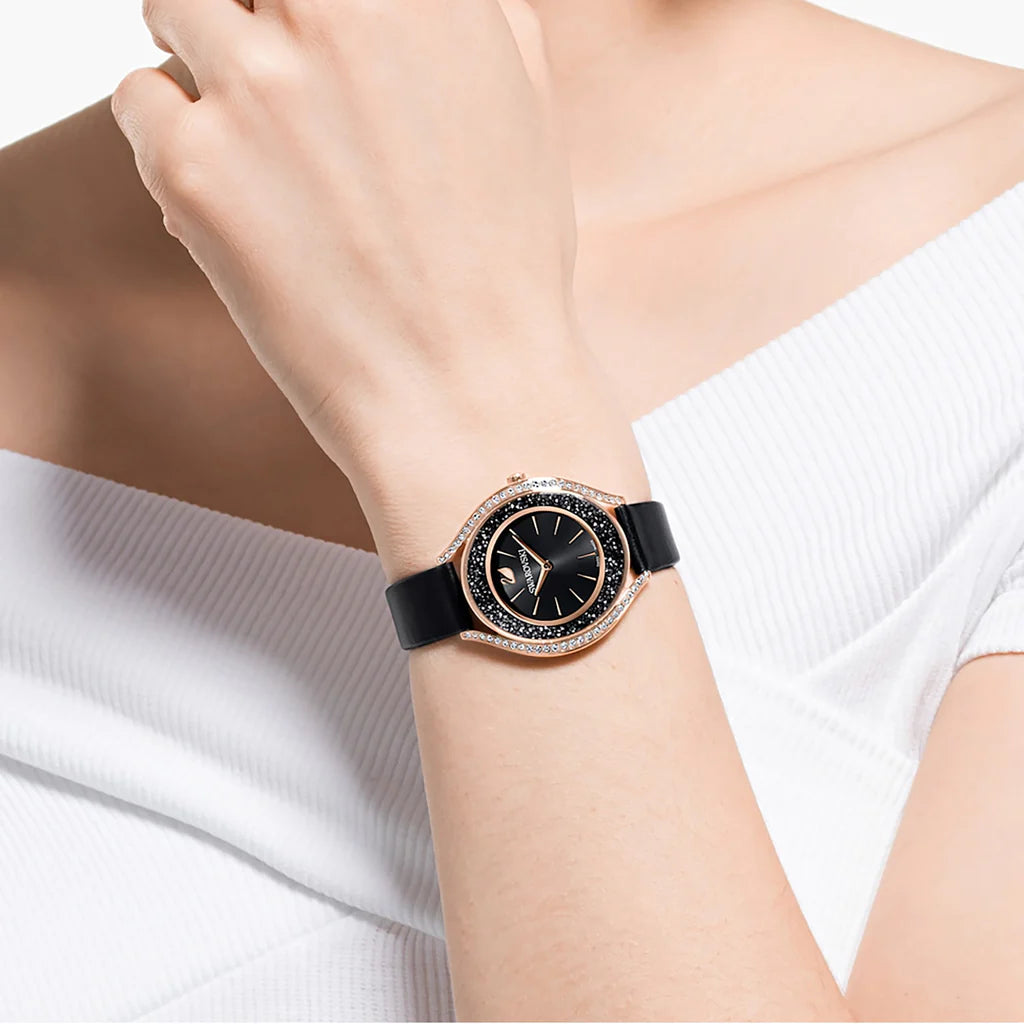 Swarovski Crystalline Aura Black Dial Leather Strap Watch for Women - 5558634