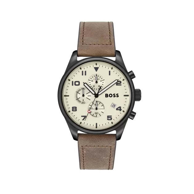 Hugo Boss Brown Leather Strap Being Dial Men's Chronograph Watch- 1513990