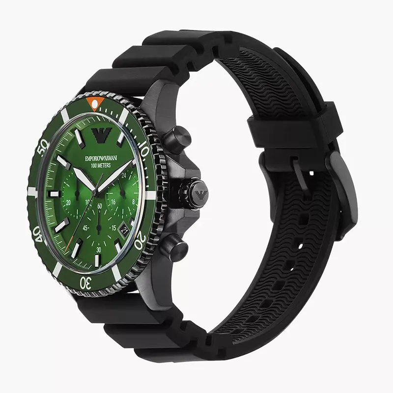 Emporio Armani Green Dial Silicone Strap Men's Chronograph Watch- AR11463