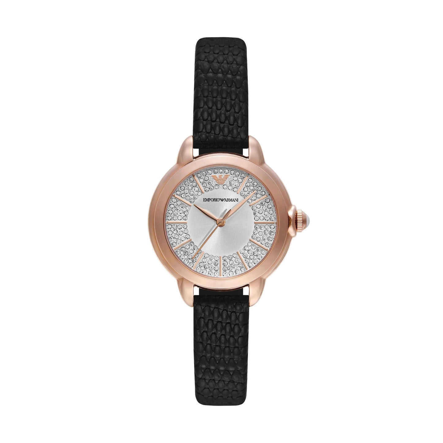 Emporio Armani Rose Gold Black Leather Strap Ladies Watch-AR11631