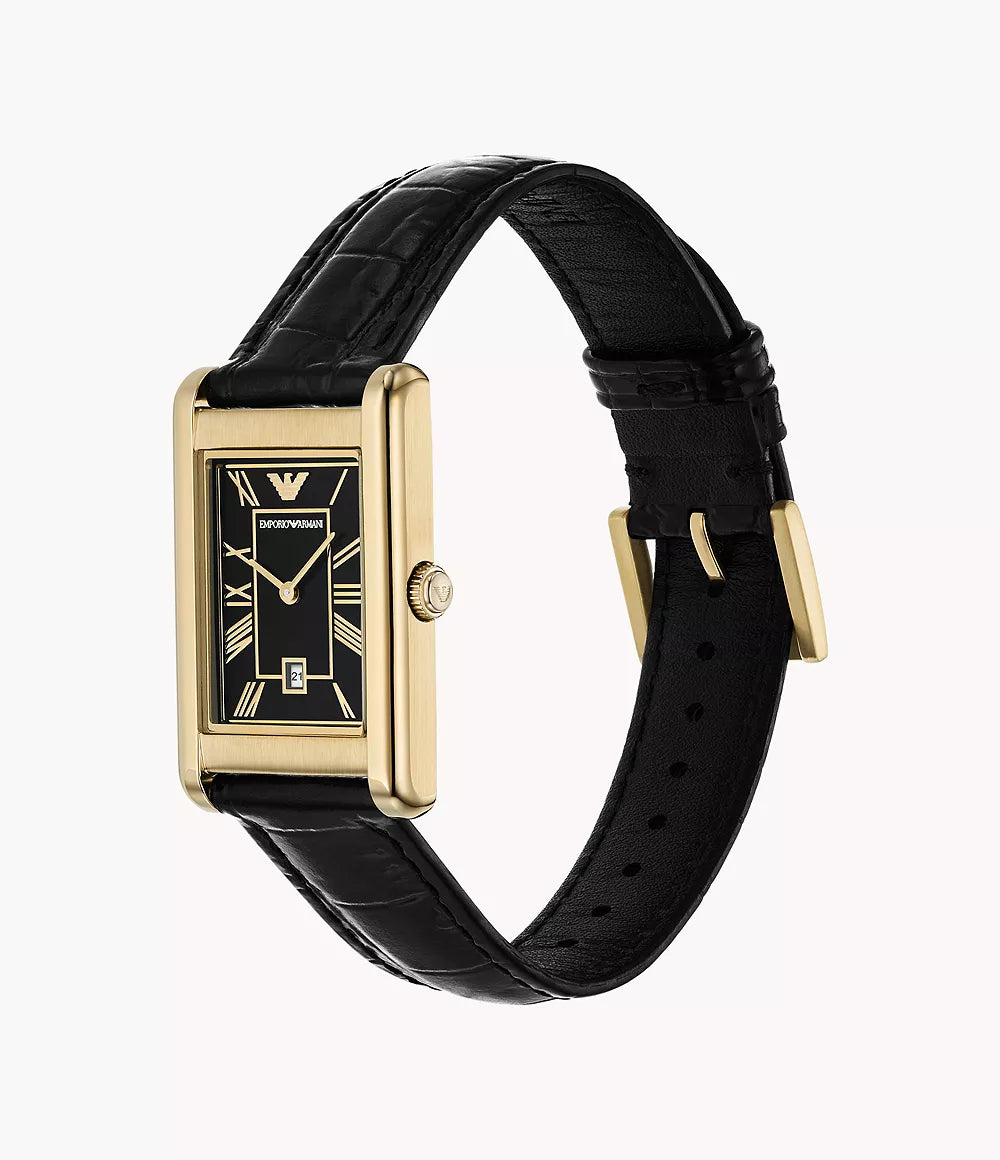 Emporio Armani Two-Hand Date Black Leather Ladies Watch -