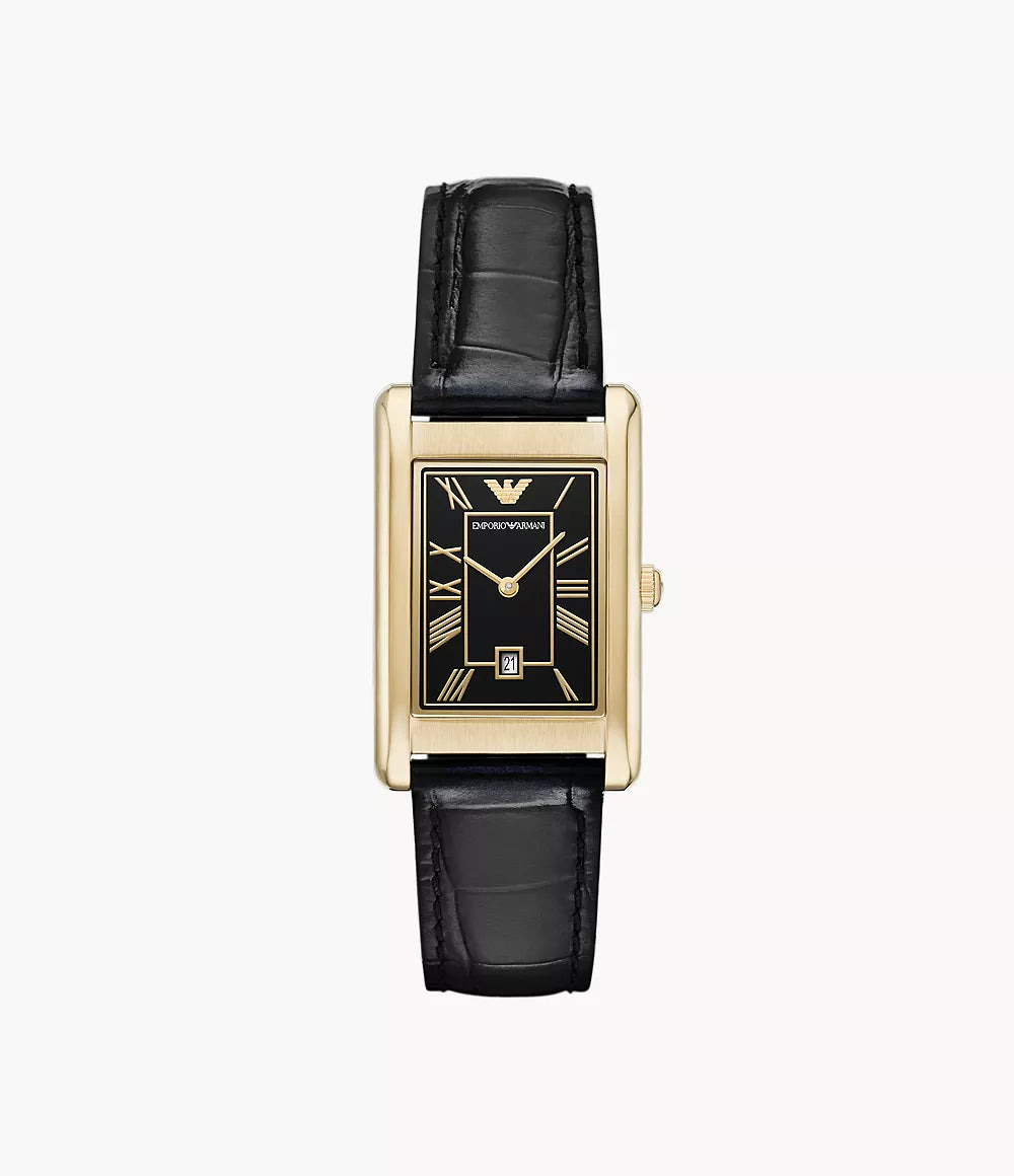 Emporio Armani Two-Hand Date Black Leather Ladies Watch -