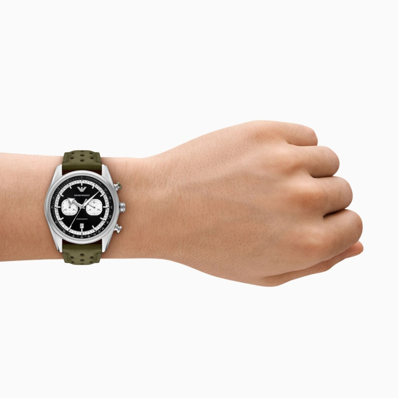 Emporio Armani Chronograph Black Dial Green Leather Strap Men's Watch - AR11709