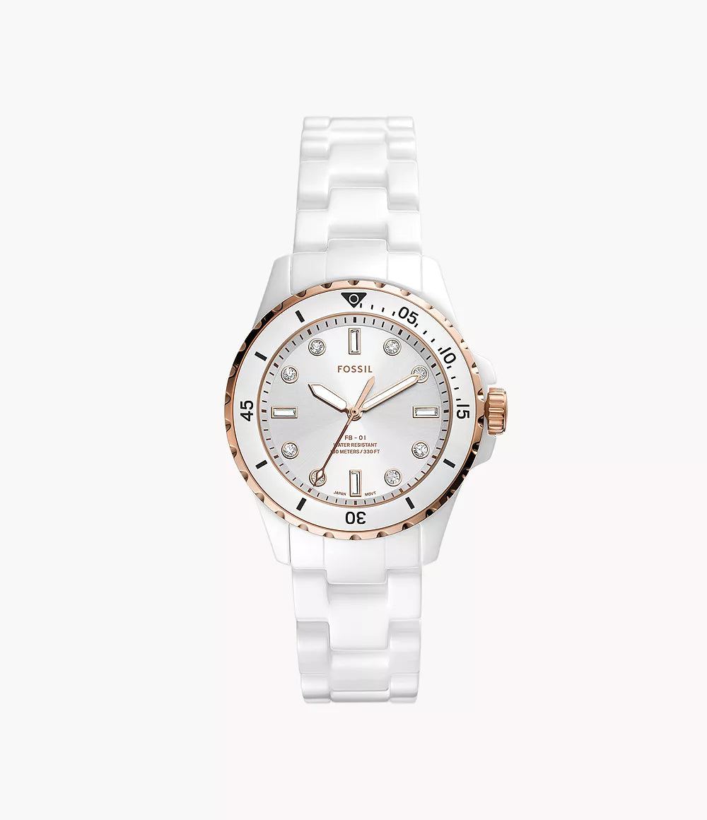 Fossil FB-01 Three Hand White Ceramic Ladies Watch- CE1107