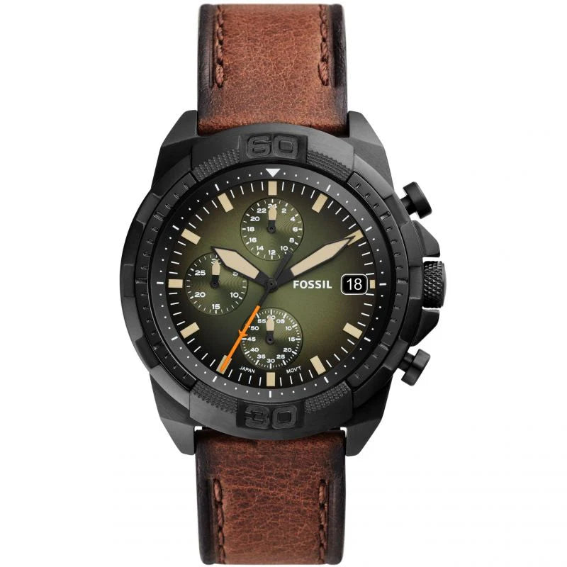 Fossil Bronson Green Dial Leather Strap Men's Chronograph Watch- FS5856