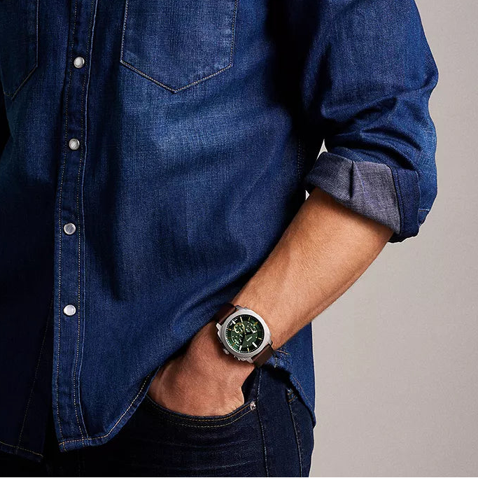 Fossil Machine Green Dial 44mm Chronograph Brown Leather Strap Men's Watch - FS6100