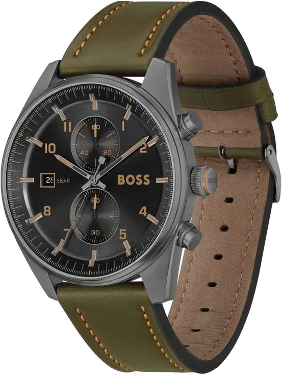 Hugo Boss Skytraveller Leather Strap Grey Dial Men's Chronograph Watch- HB1514148