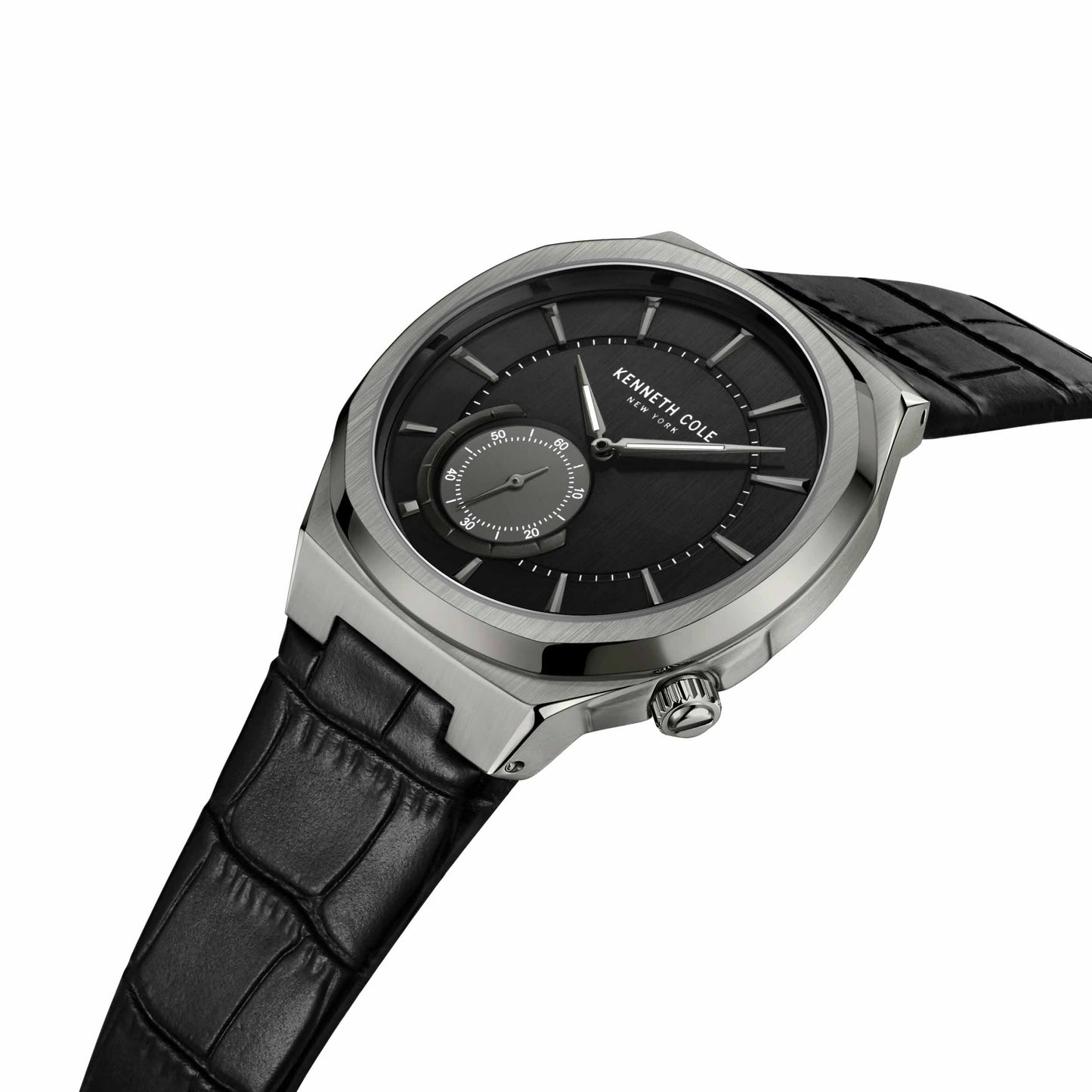 Kenneth Cole Black Leather Strap Gunmetal Men's Watch- KCWGA2221601
