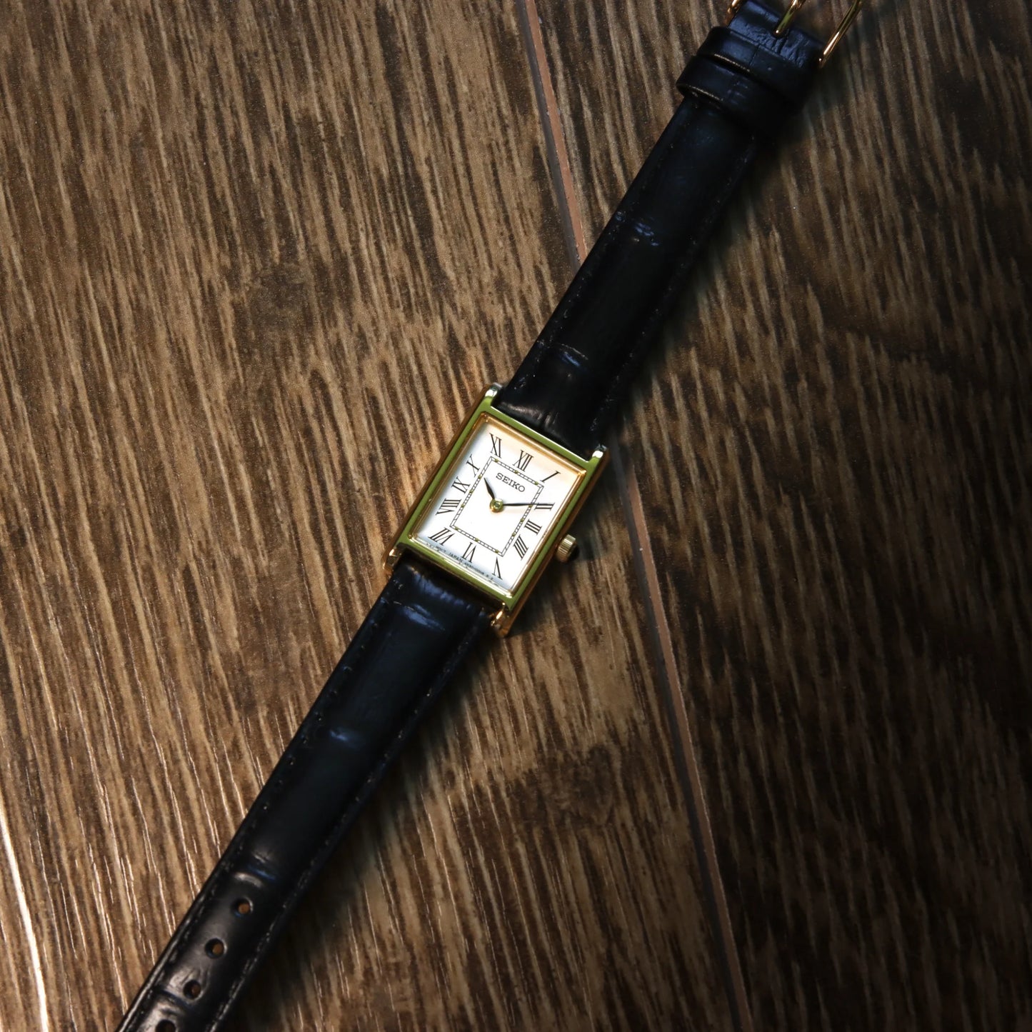 Seiko Tank White Dial Black Leather Strap Ladies Watch - SWR054P1