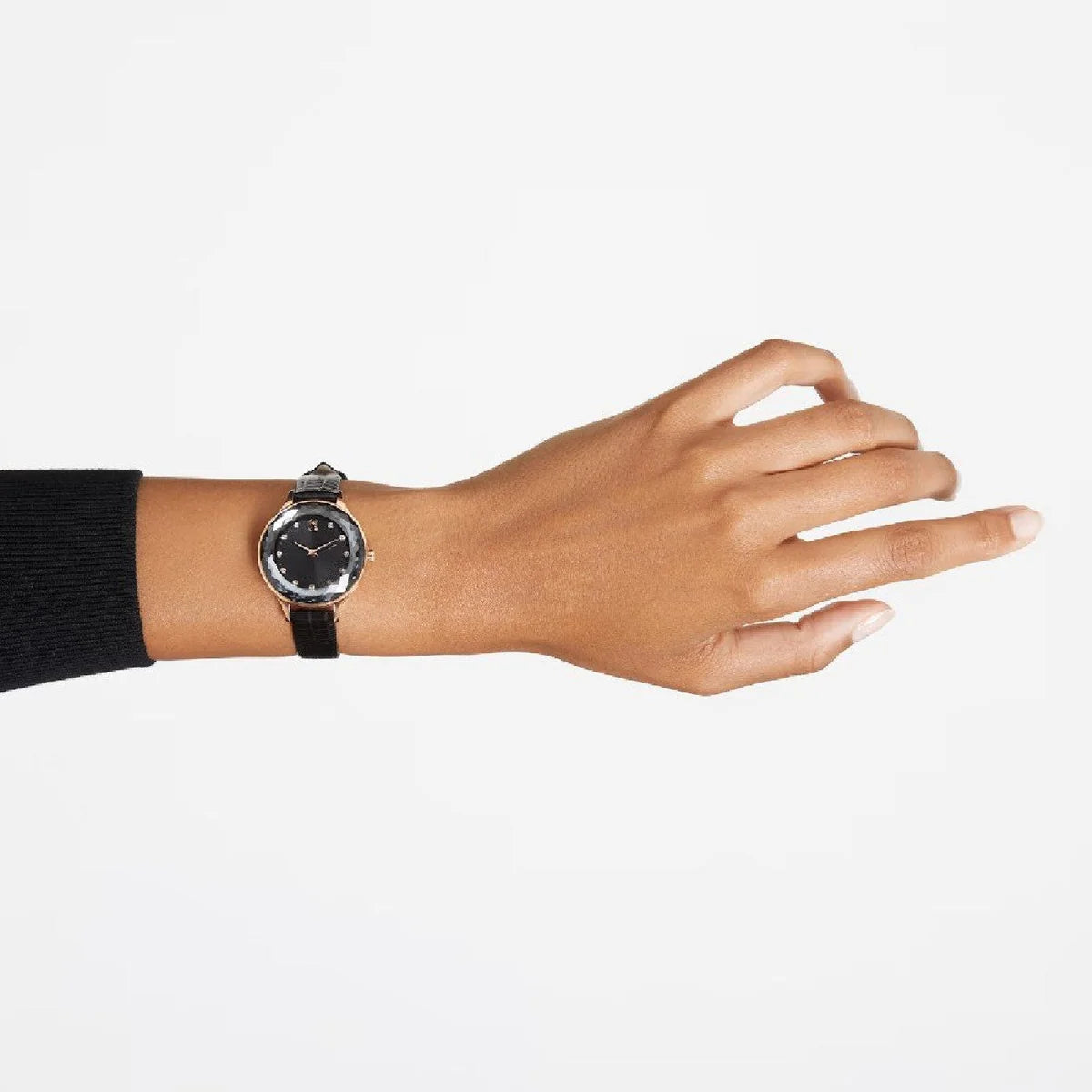 Swarovski Octea Nova Black Dial Black Leather Strap Ladies Watch - 5650033