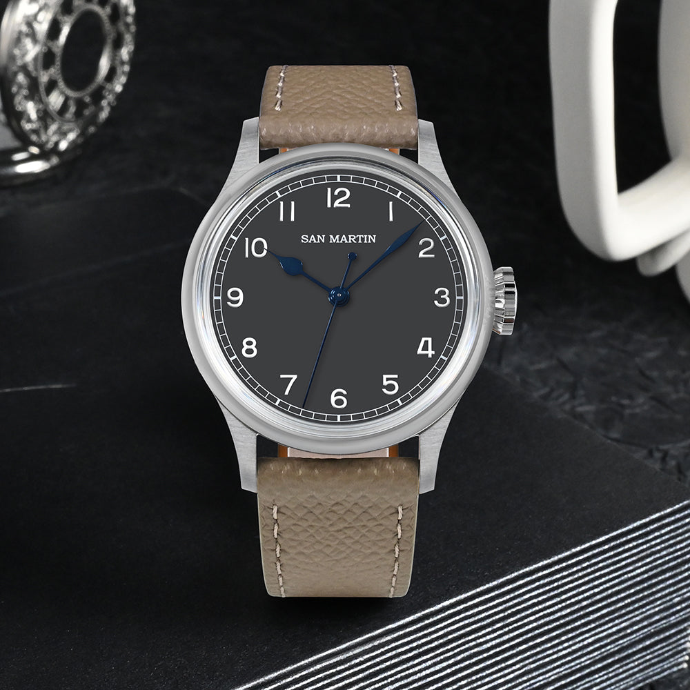 San Martin Grey Black Dial Leather Strap Men's Watch - SN0105-G