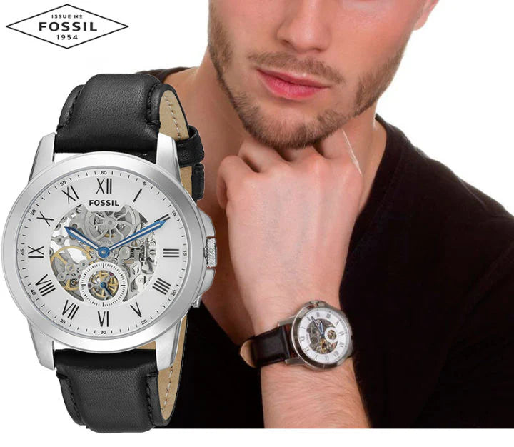 Fossil Grant Skeleton Dial Leather Strap Men's Automatic Watch- ME3053