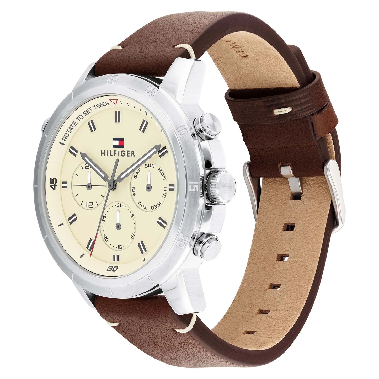 Tommy Hilfiger Brown Leather Strap Parchment Dial Men's Chronograph Watch- 1792102