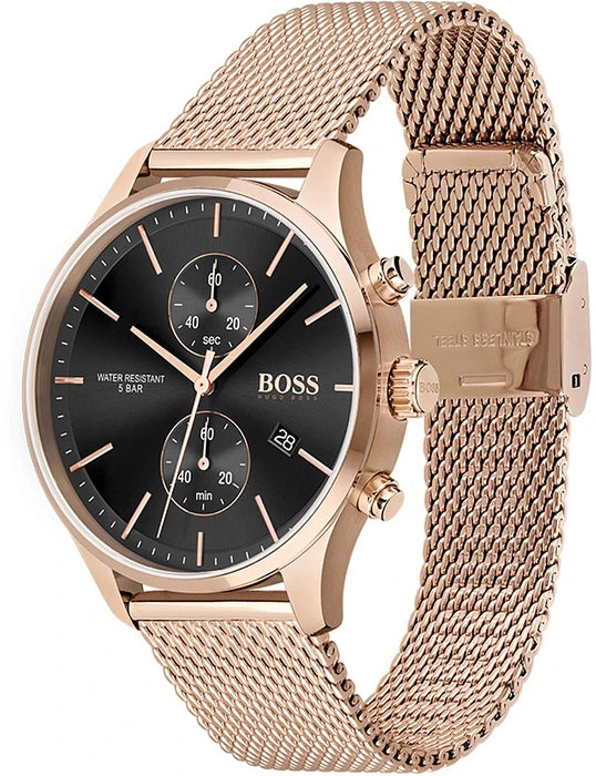 Hugo Boss ASSOCIATE Mesh Chain Rose Gold Black Dial Watch for Men- HB1513806