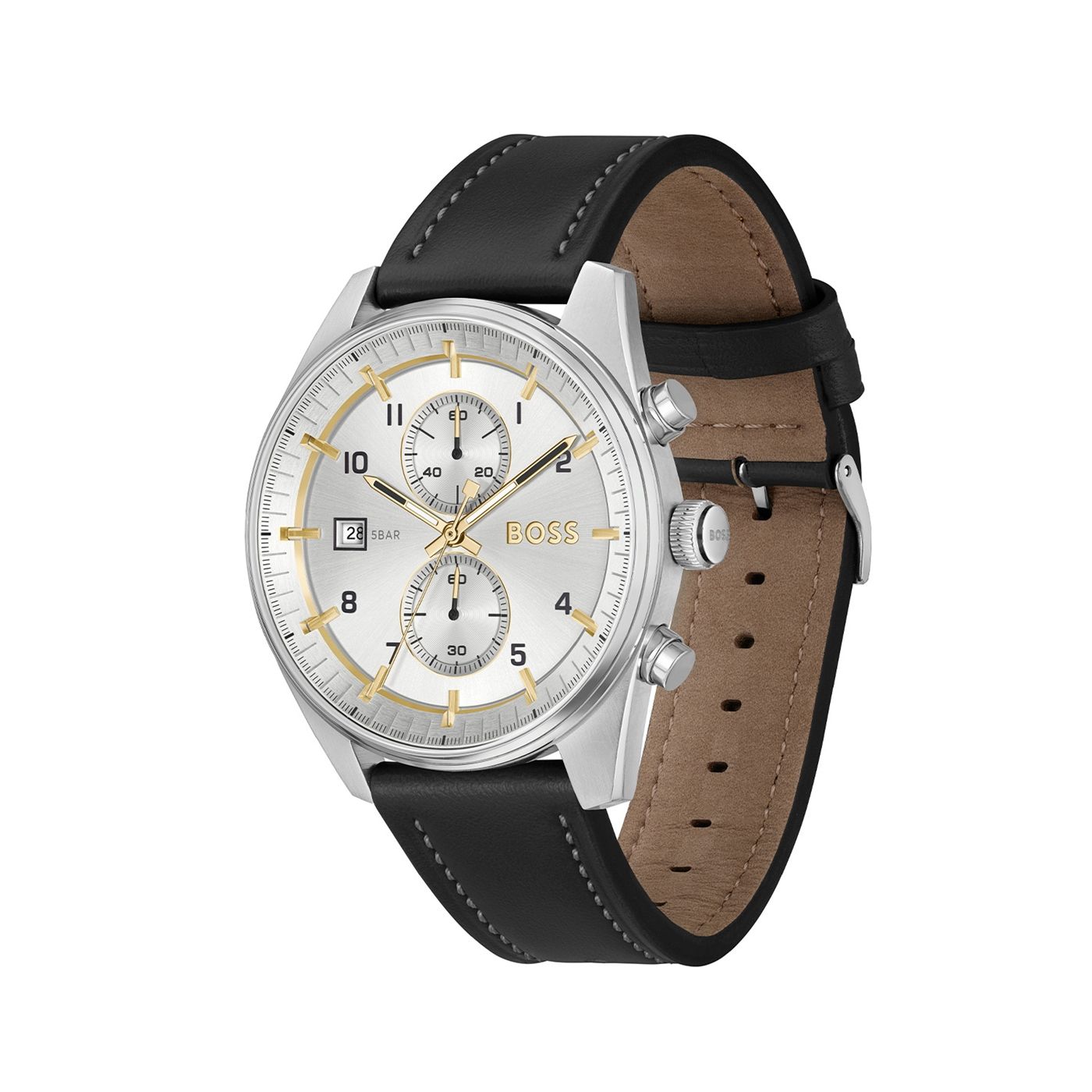 Hugo Boss Skytraveller Leather Strap White Dial Men's Chronograph Watch- HB151414