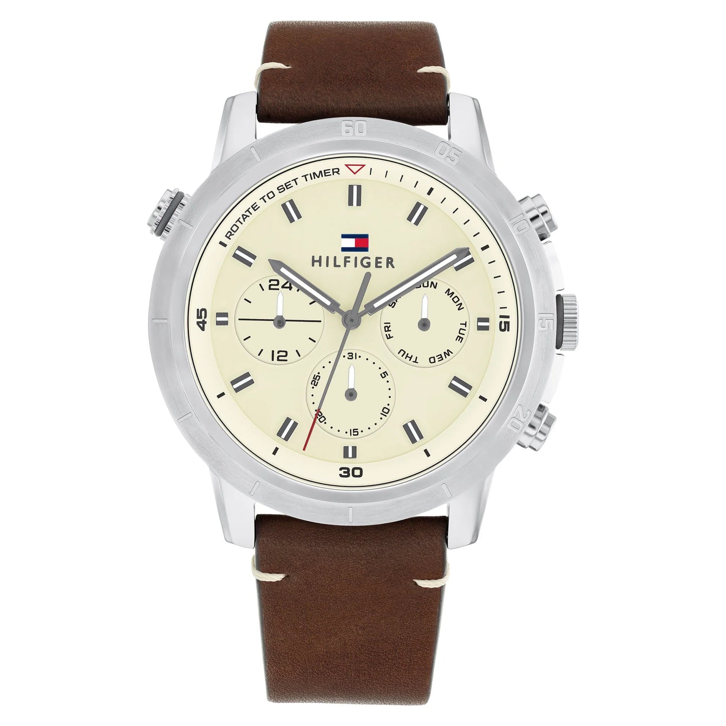 Tommy Hilfiger Brown Leather Strap Parchment Dial Men's Chronograph Watch- 1792102