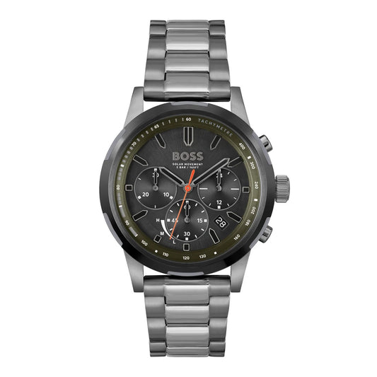 Hugo Boss Grey Steel Olive Green Dial Solar Chronograph Men's Watch - 1514034