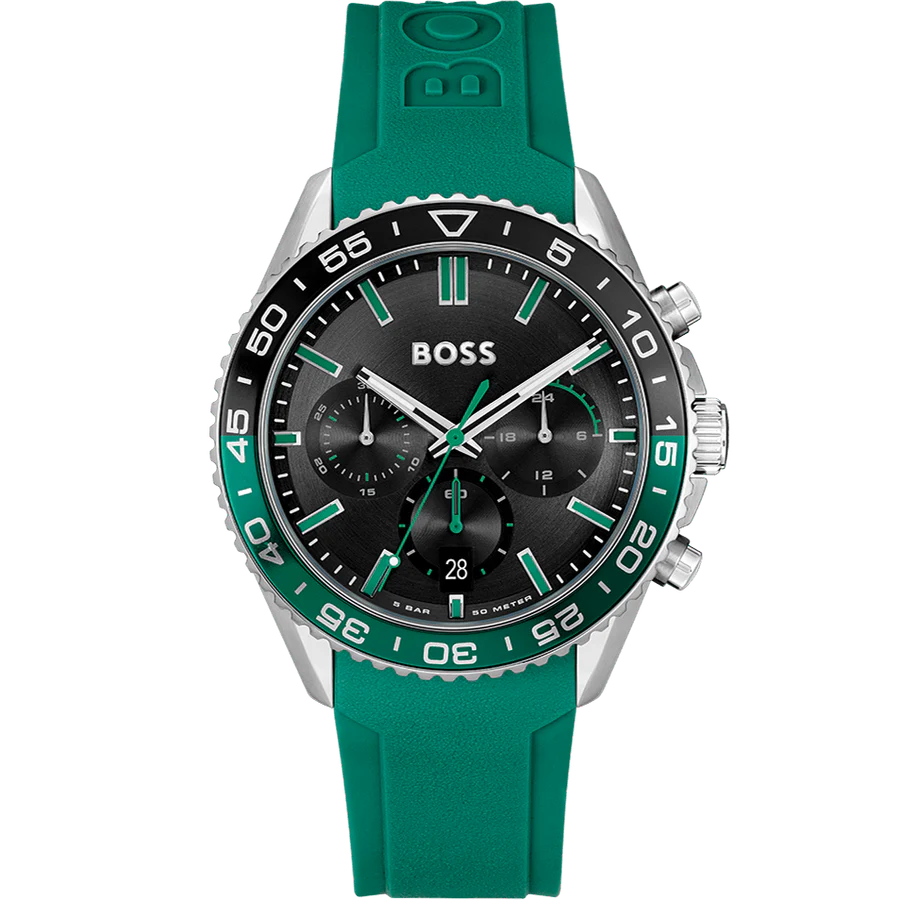 Hugo Boss Runner Black Dial 44mm Green Silicone Men's Watch - 1514246