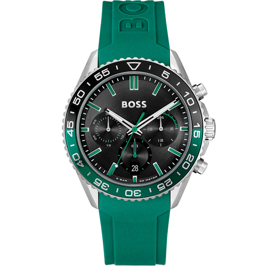 Hugo Boss Runner Black Dial 44mm Green Silicone Men's Watch - 1514246