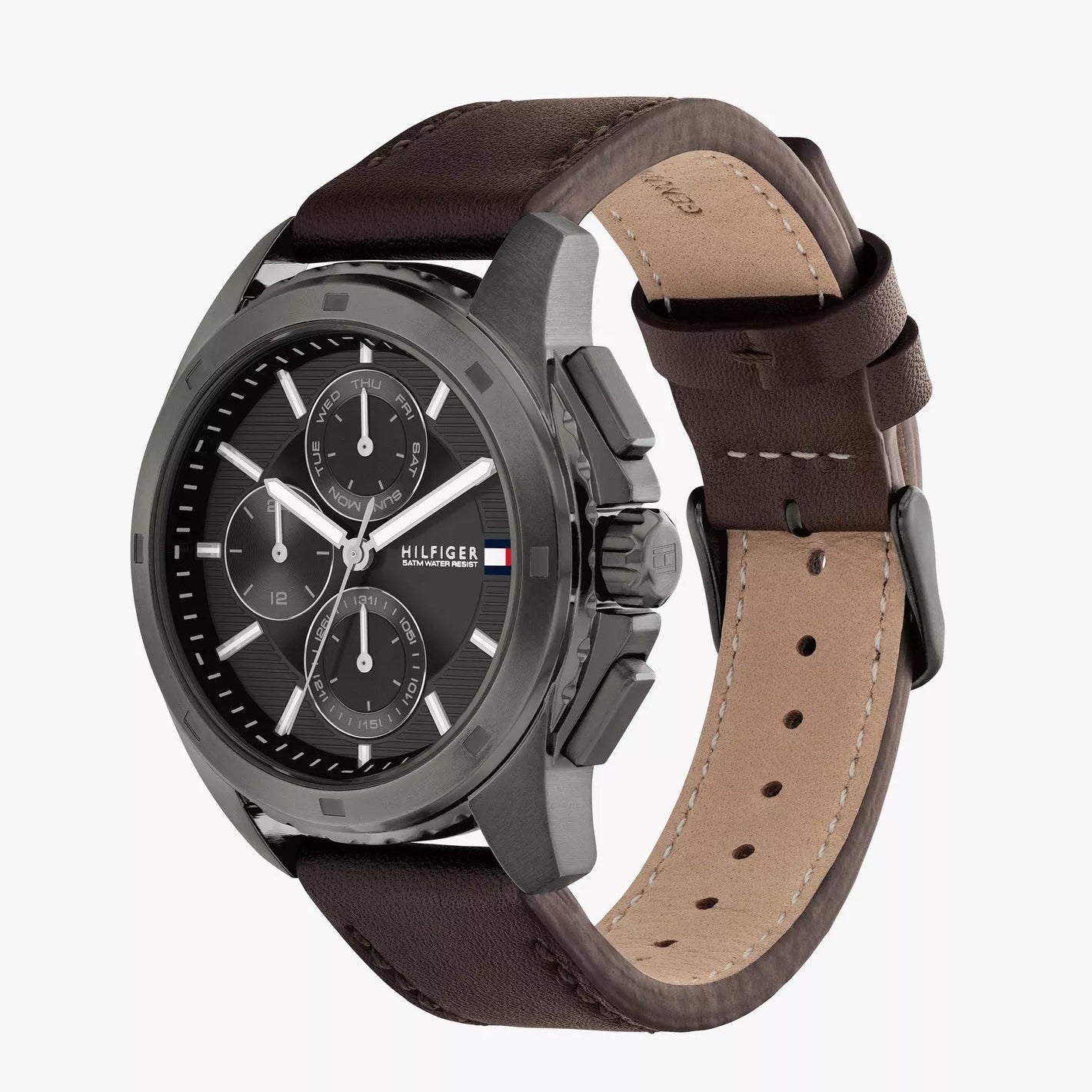 Tommy Hilfiger Grey Dial Brown Leather Strap Chronograph Men's Watch - 1710623