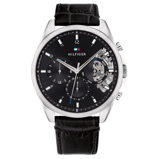 Tommy Hilfiger Black Leather Strap Men's Multifunction Watch- 1710449