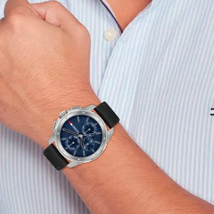 Tommy Hilfiger Blue Dial Black Leather Multi-function Men's Watch - 1710619