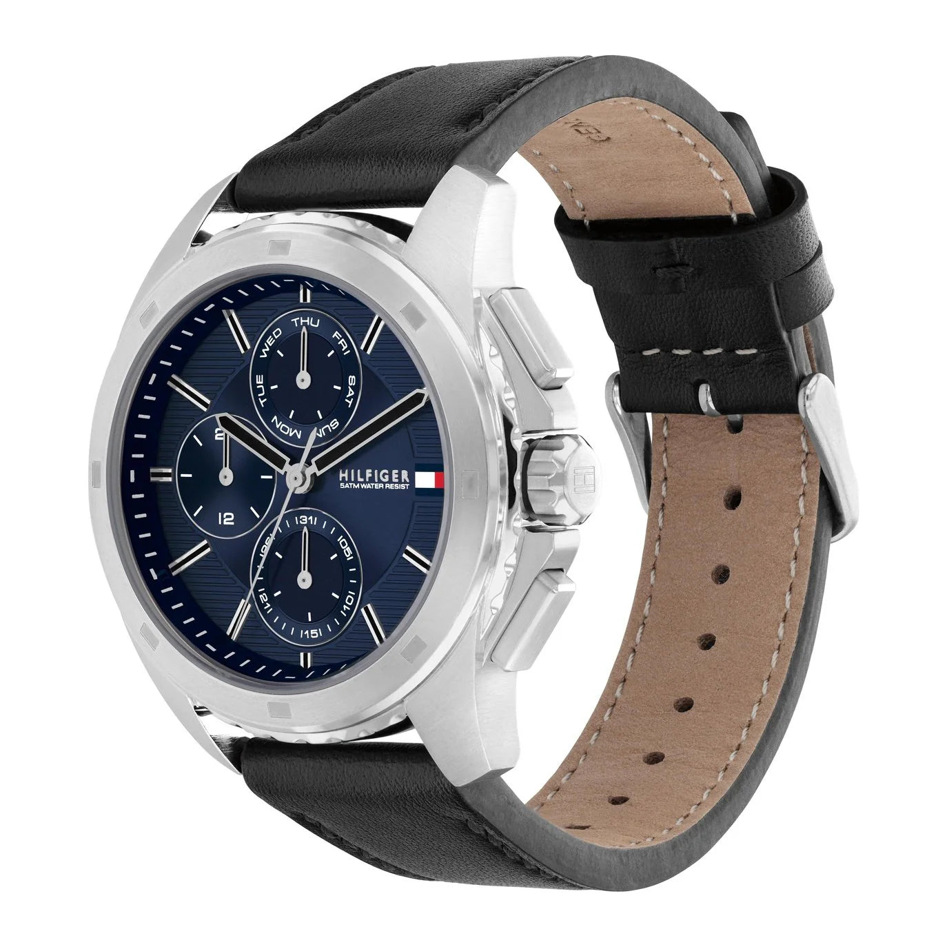 Tommy Hilfiger Blue Dial Black Leather Multi-function Men's Watch - 1710619