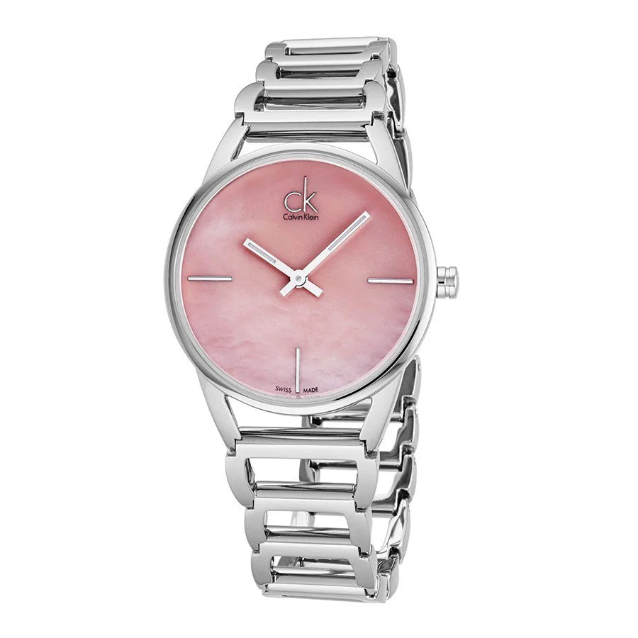 Calvin Klein Stately Pink Mother of Pearl Dial Silver Strap Ladies Watch - K3G2312E