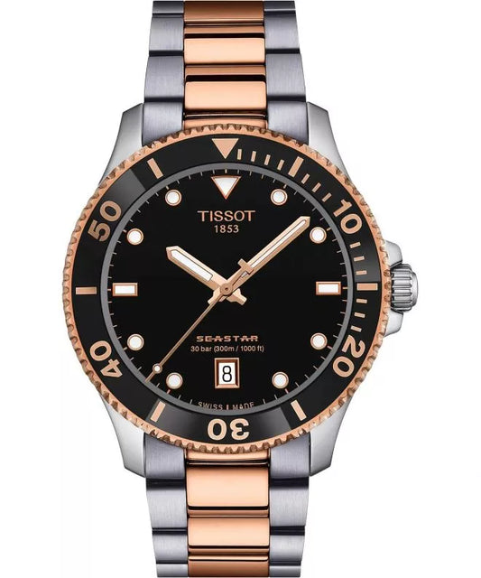 Tissot Seastar Quartz Black Dial Silver– Rose Gold Tone Strap Men's  Watch - T120.410.22.051.01