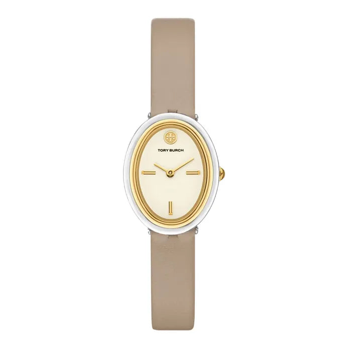 Tory Burch The Oval Cream Dial Gray Leather Strap Ladies Watch - TBW6031