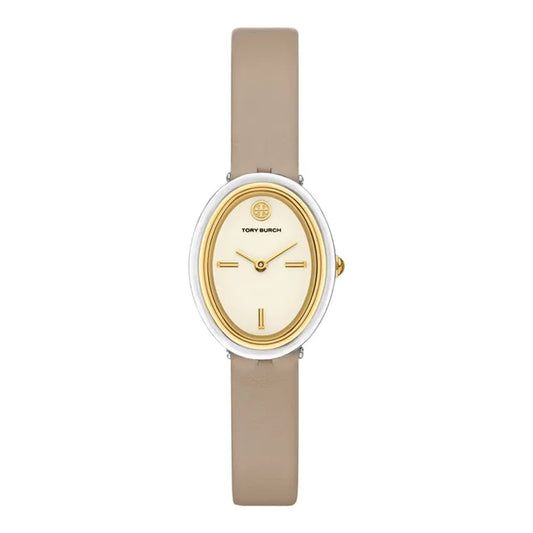 Tory Burch The Oval Cream Dial Gray Leather Strap Ladies Watch - TBW6031