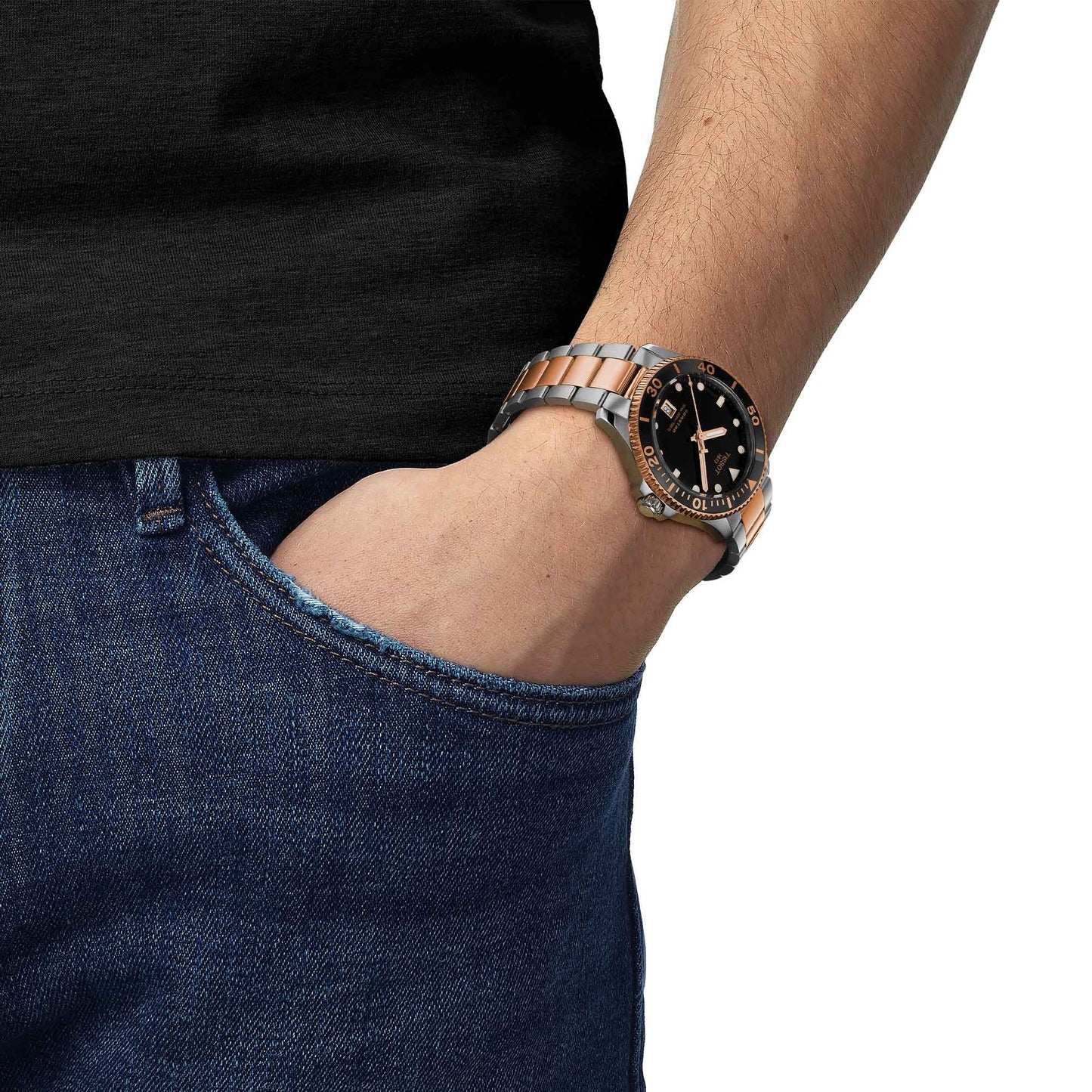Tissot Seastar Quartz Black Dial Silver– Rose Gold Tone Strap Men's  Watch - T120.410.22.051.01