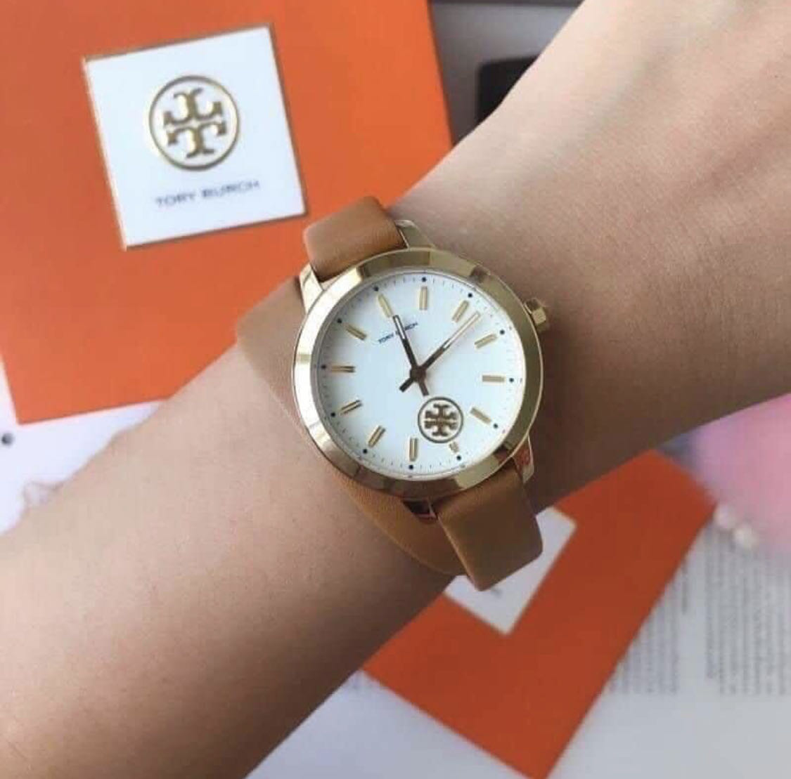 TORY BURCH Collins Brown Italian leather double-wrap strap Ladies Watch - TBW1304