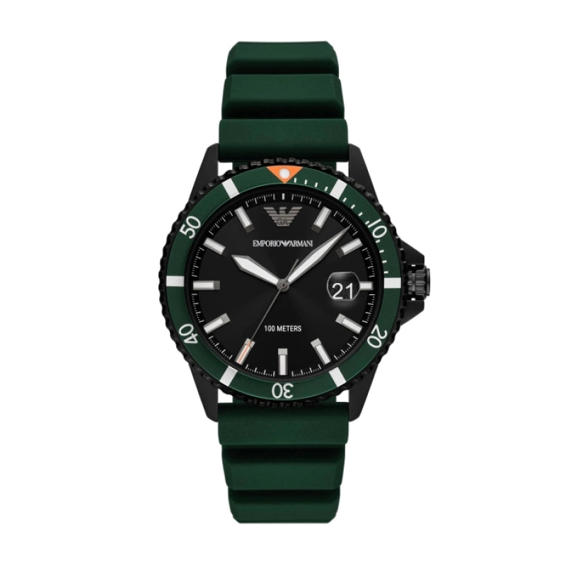 Emporio Armani Black Dial Green Silicone Strap Men's Watch - AR11464