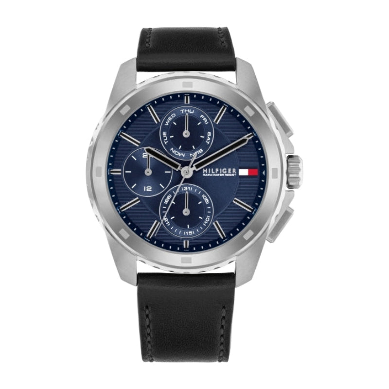 Tommy Hilfiger Blue Dial Black Leather Multi-function Men's Watch - 1710619
