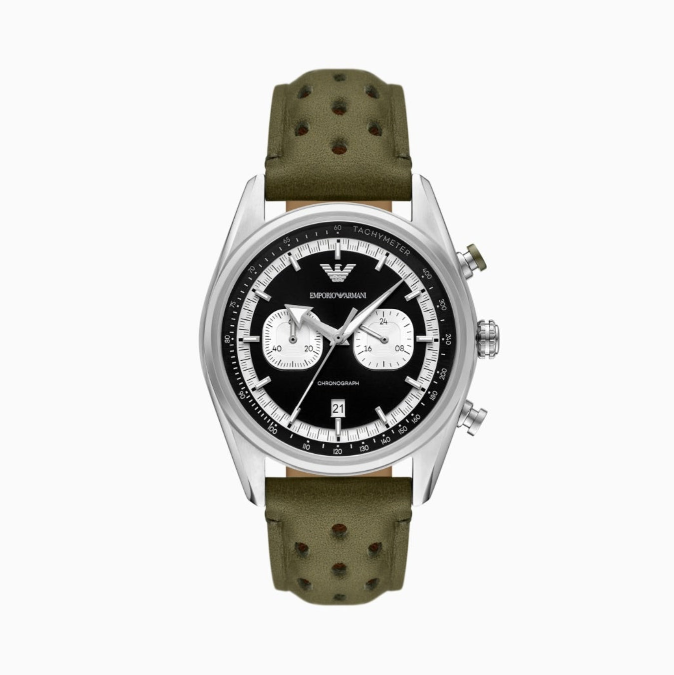 Emporio Armani Chronograph Black Dial Green Leather Strap Men's Watch - AR11709