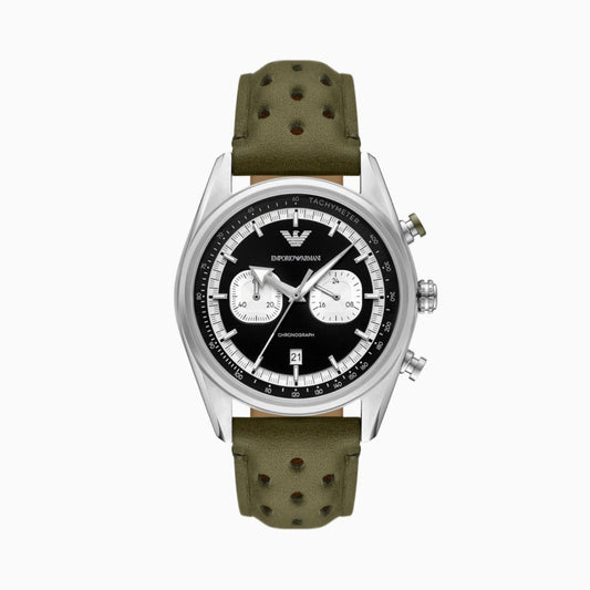 Emporio Armani Chronograph Black Dial Green Leather Strap Men's Watch - AR11709