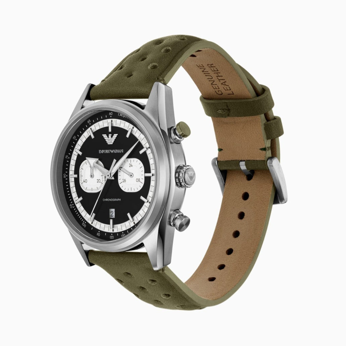 Emporio Armani Chronograph Black Dial Green Leather Strap Men's Watch - AR11709