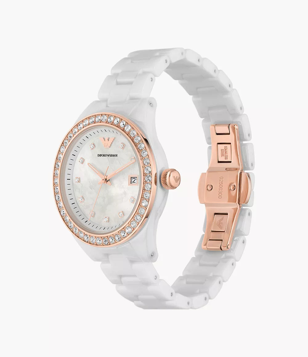 Emporio Armani Three-Hand Date White Ceramic Ladies Watch- AR70007