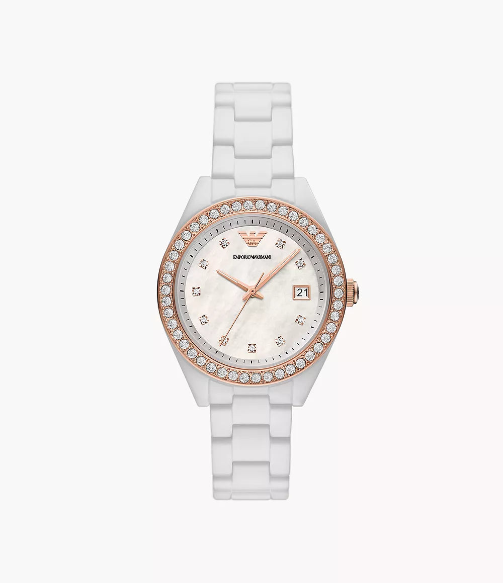 Emporio Armani Three-Hand Date White Ceramic Ladies Watch- AR70007