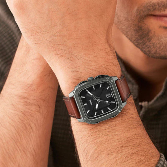 Fossil Inscription Black Dial Brown Strap Men's Watch - FS5934