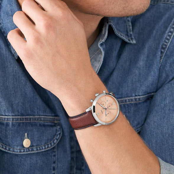 Fossil Neutra Rose Gold Dial Brown Strap Men's Watch - FS5982